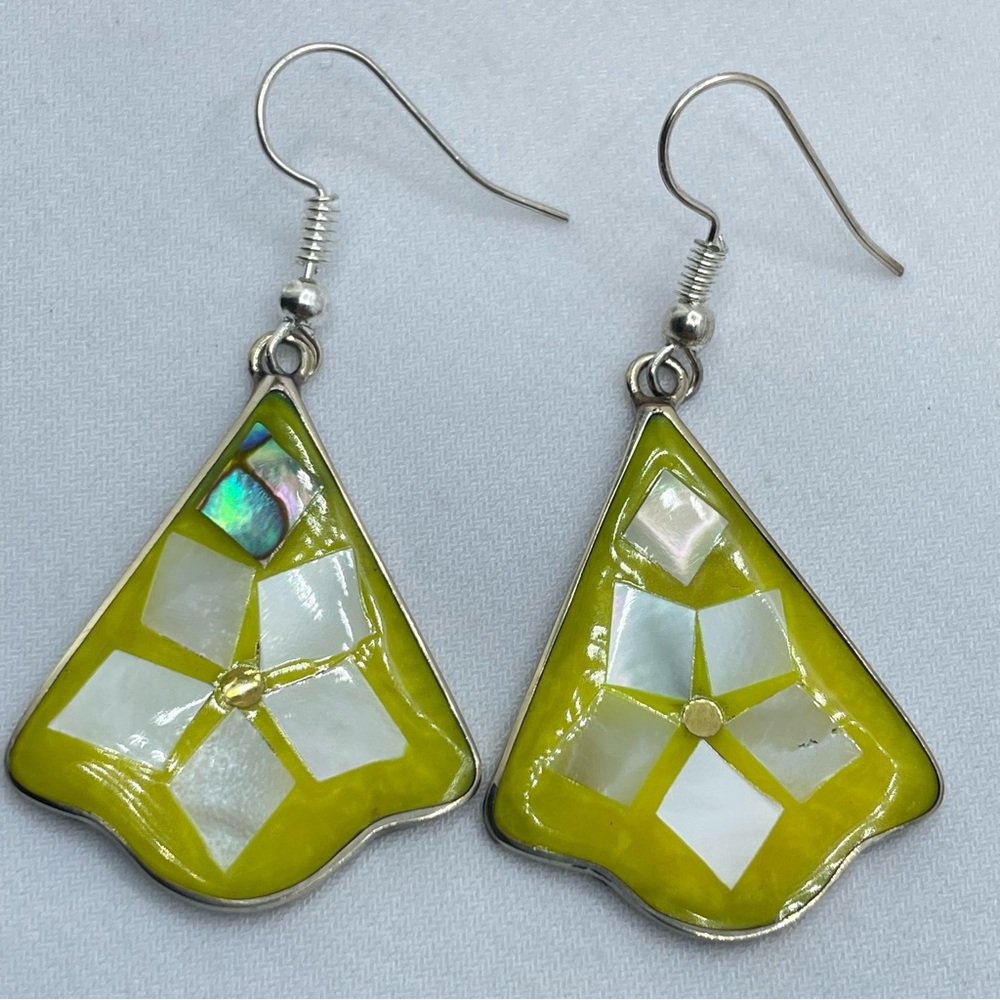 Vintage Taxco Mexico Silver Abalone Mother of Pearl Enamel Earrings Green Dangle